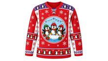 Load image into Gallery viewer, Ugly Christmas Penguin Party Hockey Jersey in Candy Red, front view – candy red body with a round three-penguin party crest on an ice floe with gifts and lights, penguin yoke, penguin sleeve bands and a penguin-parade hem band – custom name and number