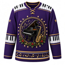 Load image into Gallery viewer, Ugly Christmas Piano Lounge Noel Hockey Jersey in Royal Purple, front view – round crest of a black grand piano and a gold saxophone with gold music notes and holly, ringed by glowing string lights on a royal purple body, piano-key yoke and elbow bands, gold sleeve stars and a music-note hem band – custom name and number