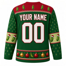 Load image into Gallery viewer, Ugly Christmas Christmas Pickle Hunt Hockey Jersey in Pickle Green, back view with a red yoke dotted with little pickles, elbow bands of pickles in Santa-style hats, a bauble hem band and white YOUR NAME and 00 trimmed in red – your name and number