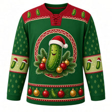 Load image into Gallery viewer, Ugly Christmas Christmas Pickle Hunt Hockey Jersey in Pickle Green, front view – round red zigzag-ringed crest of a smiling pickle in a Santa-style hat nestled in pine sprigs with red and gold baubles, red yoke dotted with little pickles, pine-sprig sleeves with pickle elbow bands and a bauble-and-pickle hem band – custom name and number