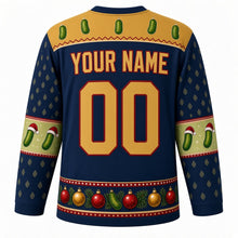 Load image into Gallery viewer, Ugly Christmas Christmas Pickle Hunt Hockey Jersey in Midnight Navy, back view with a gold pickle yoke, pine-sprig navy sleeves with pickle elbow bands, a bauble hem band and gold YOUR NAME and 00 – your name and number