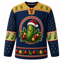 Load image into Gallery viewer, Ugly Christmas Christmas Pickle Hunt Hockey Jersey in Midnight Navy, front view – round red zigzag-ringed crest of a smiling pickle in a Santa-style hat nestled in pine sprigs with red and gold baubles on a navy body, gold yoke dotted with little pickles, pickle elbow bands and a red and gold bauble hem band – custom name and number