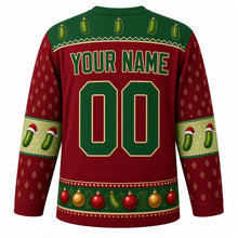 Load image into Gallery viewer, Ugly Christmas Christmas Pickle Hunt Hockey Jersey in Cranberry Red, back view with a green pickle yoke, pickle elbow bands, a green bauble hem band and green YOUR NAME and 00 trimmed in gold – your name and number