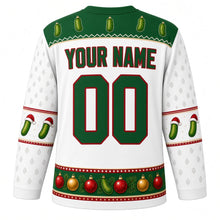 Load image into Gallery viewer, Ugly Christmas Christmas Pickle Hunt Hockey Jersey in Snowy White, back view with a green pickle yoke, white sleeves with pickle elbow bands, a green bauble hem band and green YOUR NAME and 00 trimmed in red – your name and number