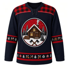 Load image into Gallery viewer, Ugly Christmas Plaid Lumberjack Cabin Hockey Jersey in Midnight Black, front view – midnight black body with red-and-black buffalo-check yoke with a round snowy log cabin crest with smoking chimney, pines, crossed axes and stacked firewood, plus woodland bands of pines, axes, logs and snowflakes – custom name and number