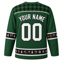 Load image into Gallery viewer, Ugly Christmas Plaid Lumberjack Cabin Hockey Jersey in Forest Green, back view with a buffalo-check plaid yoke, pine, axe and log sleeve and hem bands, arched YOUR NAME lettering and 00 – custom name and number
