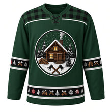 Load image into Gallery viewer, Ugly Christmas Plaid Lumberjack Cabin Hockey Jersey in Forest Green, front view – forest green body with green-and-black buffalo-check yoke with a round snowy log cabin crest with smoking chimney, pines, crossed axes and stacked firewood, plus woodland bands of pines, axes, logs and snowflakes – custom name and number