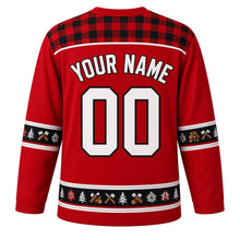 Load image into Gallery viewer, Ugly Christmas Plaid Lumberjack Cabin Hockey Jersey in Buffalo Red, back view with a buffalo-check plaid yoke, pine, axe and log sleeve and hem bands, arched YOUR NAME lettering and 00 – custom name and number