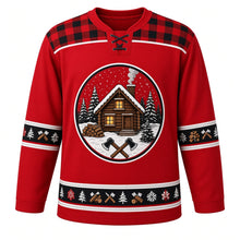 Load image into Gallery viewer, Ugly Christmas Plaid Lumberjack Cabin Hockey Jersey in Buffalo Red, front view – buffalo red body with red-and-black buffalo-check yoke with a round snowy log cabin crest with smoking chimney, pines, crossed axes and stacked firewood, plus woodland bands of pines, axes, logs and snowflakes – custom name and number