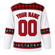 Load image into Gallery viewer, Ugly Christmas Plaid Lumberjack Cabin Hockey Jersey in Snow White, back view with a buffalo-check plaid yoke, pine, axe and log sleeve and hem bands, arched YOUR NAME lettering and 00 – custom name and number