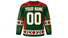 Load image into Gallery viewer, Ugly Christmas Poinsettia Bloom Hockey Jersey in Pine Green, back view with a poinsettia and holly yoke, blossom sleeve bands with gold swirls, poinsettia hem band, arched YOUR NAME lettering and 00 – custom name and number