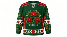 Load image into Gallery viewer, Ugly Christmas Poinsettia Bloom Hockey Jersey in Pine Green, front view – pine green body with a round giant-poinsettia, holly and berry wreath crest with gold swirls, blossom yoke, poinsettia and holly sleeve bands and a poinsettia hem band – custom name and number