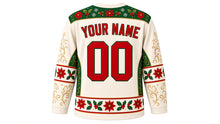 Load image into Gallery viewer, Ugly Christmas Poinsettia Bloom Hockey Jersey in Ivory Cream, back view with a poinsettia and holly yoke, blossom sleeve bands with gold swirls, poinsettia hem band, arched YOUR NAME lettering and 00 – custom name and number