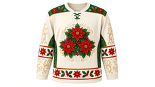 Load image into Gallery viewer, Ugly Christmas Poinsettia Bloom Hockey Jersey in Ivory Cream, front view – ivory cream body with a round giant-poinsettia, holly and berry wreath crest with gold swirls, blossom yoke, poinsettia and holly sleeve bands and a poinsettia hem band – custom name and number