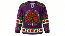 Load image into Gallery viewer, Ugly Christmas Poinsettia Bloom Hockey Jersey in Plum Purple, front view – plum purple body with a round giant-poinsettia, holly and berry wreath crest with gold swirls, blossom yoke, poinsettia and holly sleeve bands and a poinsettia hem band – custom name and number