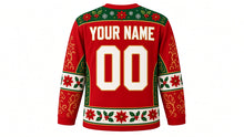 Load image into Gallery viewer, Ugly Christmas Poinsettia Bloom Hockey Jersey in Poinsettia Red, back view with a poinsettia and holly yoke, blossom sleeve bands with gold swirls, poinsettia hem band, arched YOUR NAME lettering and 00 – custom name and number