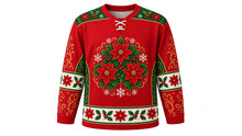 Load image into Gallery viewer, Ugly Christmas Poinsettia Bloom Hockey Jersey in Poinsettia Red, front view – poinsettia red body with a round giant-poinsettia, holly and berry wreath crest with gold swirls, blossom yoke, poinsettia and holly sleeve bands and a poinsettia hem band – custom name and number