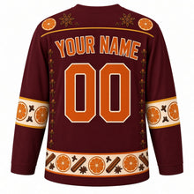 Load image into Gallery viewer, Ugly Christmas Pomander Orange Spice Hockey Jersey in Mulled Burgundy, back view with an orange slice and star anise yoke, clove columns, gold-trimmed orange-slice sleeve bands, a cream spice hem band, orange YOUR NAME and 00 – your name and number