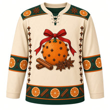 Load image into Gallery viewer, Ugly Christmas Pomander Orange Spice Hockey Jersey in Clove Cream, front view – a big clove-dotted orange with a red ribbon bow, cinnamon sticks and star anise, green orange slice and star anise yoke, green orange-slice and clove elbow bands, clove columns down the sides and a green-trimmed orange slice, cinnamon and anise hem band – custom name and number