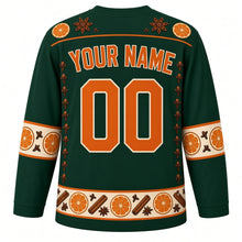 Load image into Gallery viewer, Ugly Christmas Pomander Orange Spice Hockey Jersey in Deep Spruce Green, back view with an orange slice and star anise yoke, clove columns, cream orange-slice sleeve bands, a cream orange, cinnamon and anise hem band, orange YOUR NAME and 00 – your name and number
