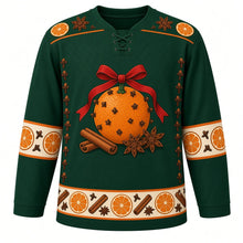 Load image into Gallery viewer, Ugly Christmas Pomander Orange Spice Hockey Jersey in Deep Spruce Green, front view – a big clove-studded orange pomander tied with a red ribbon bow over cinnamon sticks and star anise, orange slice and star anise yoke, cream orange-slice and clove elbow bands, clove columns down the sides and a cream hem band of orange slices, cinnamon sticks and star anise – custom name and number