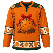 Load image into Gallery viewer, Ugly Christmas Pomander Orange Spice Hockey Jersey in Spice Orange, front view – clove-studded orange with a red satin bow, two cinnamon sticks and star anise, green yoke with orange slices and star anise, cream orange-slice and clove elbow bands, clove columns down the sides and a green-trimmed orange slice and cinnamon hem band – custom name and number