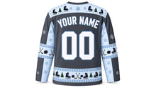 Load image into Gallery viewer, Ugly Christmas Frozen Pond Skate Hockey Jersey in Slate Charcoal, back view with a skate, pine and snowflake yoke, stick and puck sleeve bands, skate hem band, arched YOUR NAME lettering and 00 – custom name and number