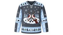 Load image into Gallery viewer, Ugly Christmas Frozen Pond Skate Hockey Jersey in Slate Charcoal, front view – slate charcoal body with light-blue yoke with a round frozen-pond crest with white skates, crossed hockey sticks, pucks, pines and scarf, skate-and-pine yoke, stick and puck sleeve bands and a skate hem band – custom name and number