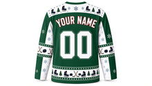 Load image into Gallery viewer, Ugly Christmas Frozen Pond Skate Hockey Jersey in Pine Green, back view with a skate, pine and snowflake yoke, stick and puck sleeve bands, skate hem band, arched YOUR NAME lettering and 00 – custom name and number