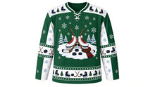 Load image into Gallery viewer, Ugly Christmas Frozen Pond Skate Hockey Jersey in Pine Green, front view – pine green body with a round frozen-pond crest with white skates, crossed hockey sticks, pucks, pines and scarf, skate-and-pine yoke, stick and puck sleeve bands and a skate hem band – custom name and number