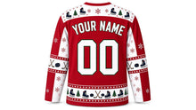 Load image into Gallery viewer, Ugly Christmas Frozen Pond Skate Hockey Jersey in Cranberry Red, back view with a skate, pine and snowflake yoke, stick and puck sleeve bands, skate hem band, arched YOUR NAME lettering and 00 – custom name and number