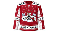 Load image into Gallery viewer, Ugly Christmas Frozen Pond Skate Hockey Jersey in Cranberry Red, front view – cranberry red body with a round frozen-pond crest with white skates, crossed hockey sticks, pucks, pines and scarf, skate-and-pine yoke, stick and puck sleeve bands and a skate hem band – custom name and number