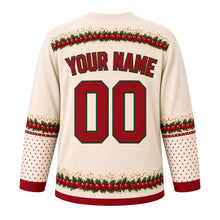 Load image into Gallery viewer, Ugly Christmas Popcorn Cranberry Garland Hockey Jersey in Popcorn Cream, back view with a cranberry and popcorn garland yoke on cream, cranberry red YOUR NAME and 00, red cuffs and a strung garland hem band – your name and number