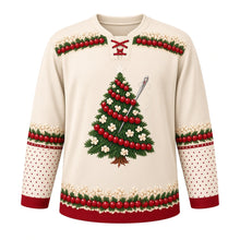 Load image into Gallery viewer, Ugly Christmas Popcorn Cranberry Garland Hockey Jersey in Popcorn Cream, front view – green tree strung with red cranberries and popcorn, a silver needle and thread, red laces, garland yoke and hem on a cream body with red cuffs – custom name and number