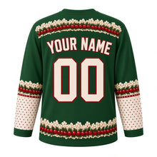 Load image into Gallery viewer, Ugly Christmas Popcorn Cranberry Garland Hockey Jersey in Evergreen, back view with a strung popcorn and cranberry yoke on deep green, cream and red YOUR NAME and 00, polka-dot lower sleeves and a garland hem – your name and number