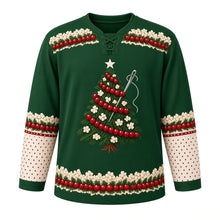 Load image into Gallery viewer, Ugly Christmas Popcorn Cranberry Garland Hockey Jersey in Evergreen, front view – garland-wrapped tree with a big sewing needle threading popcorn and cranberries under a cream star, garland yoke, elbow bands and hem on deep green – custom name and number