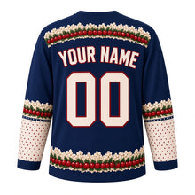 Load image into Gallery viewer, Ugly Christmas Popcorn Cranberry Garland Hockey Jersey in Winter Navy, back view with a popcorn garland yoke on navy, cream YOUR NAME and 00 trimmed in red, garland elbow bands and a cranberry garland hem – your name and number