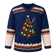 Load image into Gallery viewer, Ugly Christmas Popcorn Cranberry Garland Hockey Jersey in Winter Navy, front view – popcorn and cranberry garland tree with a threaded needle and cream star on winter navy, red laces, garland bands and cream polka-dot sleeves – custom name and number