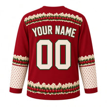 Load image into Gallery viewer, Ugly Christmas Popcorn Cranberry Garland Hockey Jersey in Cranberry Red, back view with a popcorn and cranberry garland yoke, cream YOUR NAME and 00, garland elbow bands, cream polka-dot sleeves and a garland hem band – your name and number