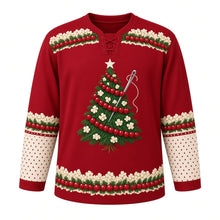 Load image into Gallery viewer, Ugly Christmas Popcorn Cranberry Garland Hockey Jersey in Cranberry Red, front view – Christmas tree wrapped in popcorn and cranberry strings with a needle and thread and a cream star, popcorn garland yoke and hem, cream polka-dot sleeves – custom name and number
