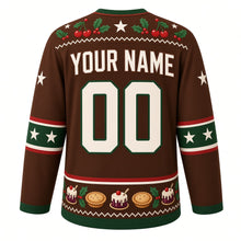Load image into Gallery viewer, Ugly Christmas Figgy Pudding Party Hockey Jersey in Brandy Brown, back view with a holly-and-cherry yoke, star sleeve bands, a pudding-and-mince-pie hem band, arched YOUR NAME lettering and 00 – custom name and number