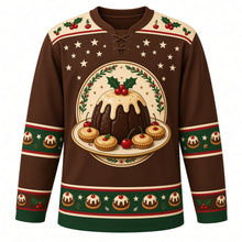 Load image into Gallery viewer, Ugly Christmas Figgy Pudding Party Hockey Jersey in Brandy Brown, front view – brandy brown body with a domed plum pudding with holly and drizzled cream on a platter of mince pies, holly-and-star yoke, mini-pudding and spoon sleeve bands and a dessert hem band – custom name and number
