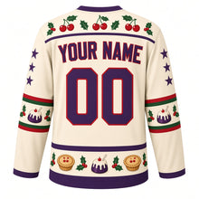 Load image into Gallery viewer, Ugly Christmas Figgy Pudding Party Hockey Jersey in Custard Cream, back view with a holly-and-cherry yoke, mini-pudding sleeve bands, a pudding-and-mince-pie hem band, arched YOUR NAME lettering and 00 – custom name and number