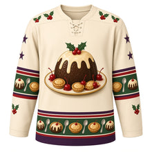 Load image into Gallery viewer, Ugly Christmas Figgy Pudding Party Hockey Jersey in Custard Cream, front view – custard cream body with a domed plum pudding with holly and drizzled cream on a platter of mince pies, holly-and-star yoke, mini-pudding and spoon sleeve bands and a dessert hem band – custom name and number
