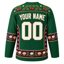 Load image into Gallery viewer, Ugly Christmas Figgy Pudding Party Hockey Jersey in Holly Green, back view with a holly-and-cherry yoke, mini-pudding sleeve bands, a pudding-and-mince-pie hem band, arched YOUR NAME lettering and 00 – custom name and number