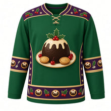 Load image into Gallery viewer, Ugly Christmas Figgy Pudding Party Hockey Jersey in Holly Green, front view – holly green body with a domed plum pudding with holly and drizzled cream on a platter of mince pies, holly-and-star yoke, mini-pudding and spoon sleeve bands and a dessert hem band – custom name and number