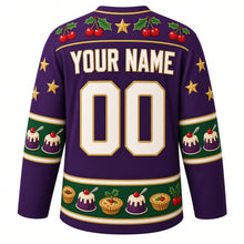 Load image into Gallery viewer, Ugly Christmas Figgy Pudding Party Hockey Jersey in Plum Purple, back view with a holly-and-cherry yoke, mini-pudding sleeve bands, a pudding-and-mince-pie hem band, arched YOUR NAME lettering and 00 – custom name and number