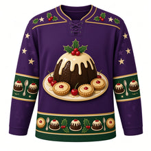 Load image into Gallery viewer, Ugly Christmas Figgy Pudding Party Hockey Jersey in Plum Purple, front view – plum purple body with a domed plum pudding with holly and drizzled cream on a platter of mince pies, holly-and-star yoke, mini-pudding and spoon sleeve bands and a dessert hem band – custom name and number