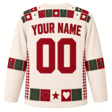 Load image into Gallery viewer, Ugly Christmas Quilted Patchwork Noel Hockey Jersey in Oatmeal Cream, back view with a red and green patchwork yoke with stars and hearts, cranberry stitched YOUR NAME and 00, red and green tree sleeve bands and a quilt hem band – your name and number