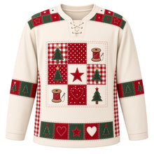 Load image into Gallery viewer, Ugly Christmas Quilted Patchwork Noel Hockey Jersey in Oatmeal Cream, front view – red gingham and polka-dot quilt squares with green trees, thread spools and a heart, red and green patchwork yoke and red and green sleeve and hem bands – custom name and number